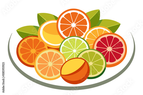 Decorative Plate of Neatly Sliced Assorted Citrus Fruits A Colorful Display of Freshness