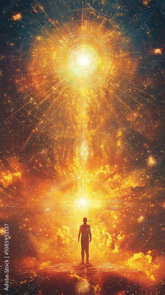 Fototapeta premium Celestial metaverse with astral figure on luminous grid, energy radiating infinitely as cryptocurrency symbols orbit like stars, merging tech and cosmic elements.