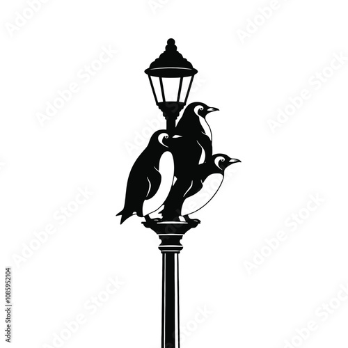 a black silhouette of a street lamp post. On top of the lamp post, there are four penguins stacked on top of each other