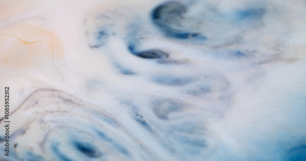 Enamel mix. Wave paint. Light stream with dark spots gold glitter. Emergence of contrasting dye clots washing surface with variable deformation texture.