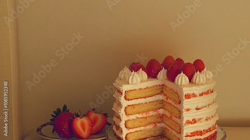 Delicious Strawberry Cake with Cream Topping photo