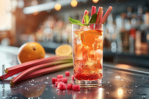 National Rhubard Vodka Day. A vibrant cocktail made with rhubarb and citrus, served in a tall glass with ice and mint, placed on a bar counter with fresh rhubarb and oranges in the background.
 photo