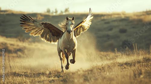 A majestic horse with hawk wings gallops through a sunlit meadow during the golden hour of early evening photo