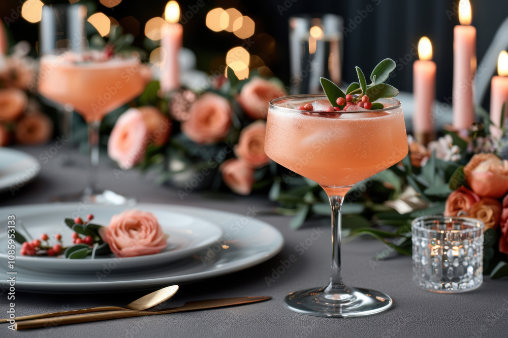 Fototapeta premium National Rhubard Vodka Day. Romantic grapefruit cocktails adorned with delicate garnishes and surrounded by soft candlelight, perfect for a festive and intimate dining experience. 