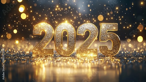 3D render text "2025" New Year gold metal number. Extend Warm Wishes for a Happy New Year and Merry Christmas with this greeting card. Elegance and festive spirit. Vector 3d realistic - Generative AI