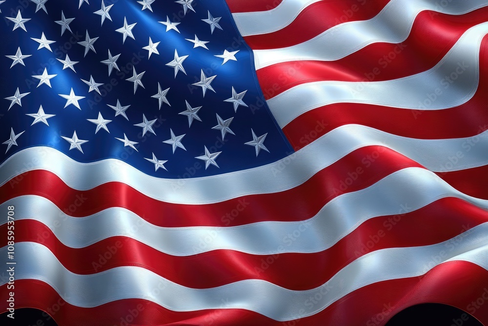 A vibrant depiction of the waving American flag under a bright blue sky in a patriotic celebration A vibrant depiction of the waving American flag under a bright blue sky in a patriotic celebration