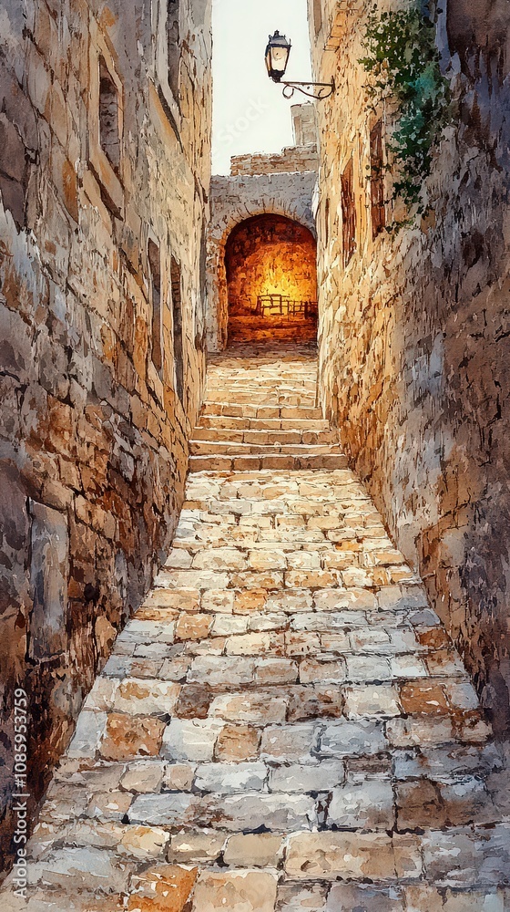 Obraz premium Close-up of ancient stone street in Bethlehem, rendered in textured watercolor shades of beige and sandy brown, leading to stable glowing with golden light.