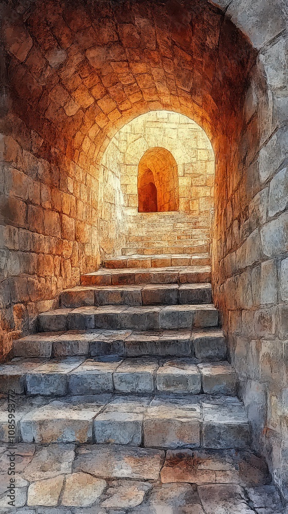 Ancient stone staircase illuminated by warm sunlight, inviting exploration of timeless architecture and hidden historic pathways. Ancient stone staircase illuminated by warm sunlight, inviting exploration of timeless architecture and hidden historic pathways.
