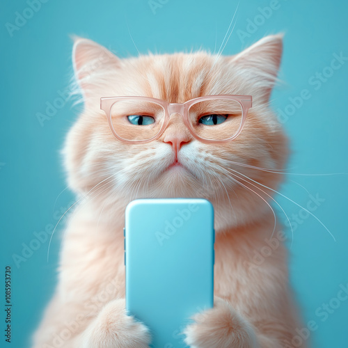 Cat wearing glasses holds a smartphone in front of a blue background indoors photo