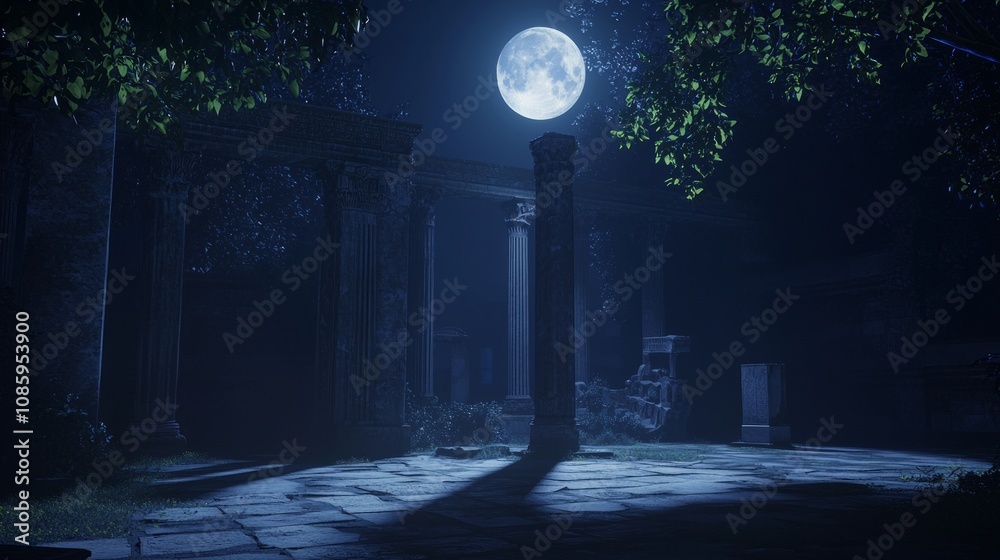 Moonlit Serenity: 3D Render of Ancient Roman Ruins at Night with Mystical Atmosphere Moonlit Serenity: 3D Render of Ancient Roman Ruins at Night with Mystical Atmosphere