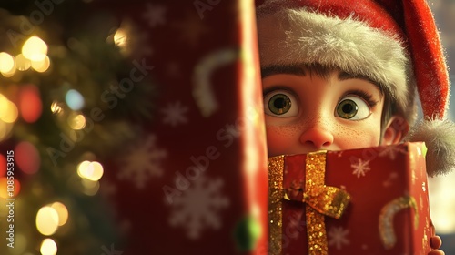 santa claus elf looks out from behind a christmas present, bight light, bohek  - Generative AI photo