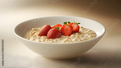 A plain bowl of oatmeal topped with a few sliced strawberries set on a neutral background.
