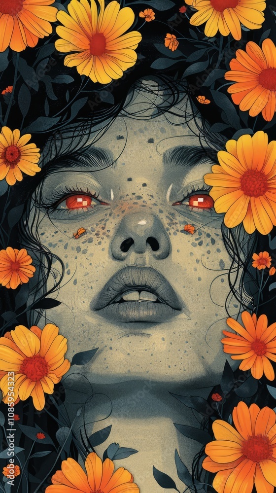 A mystical portrait of a woman surrounded by vibrant orange flowers and nature at dusk A mystical portrait of a woman surrounded by vibrant orange flowers and nature at dusk