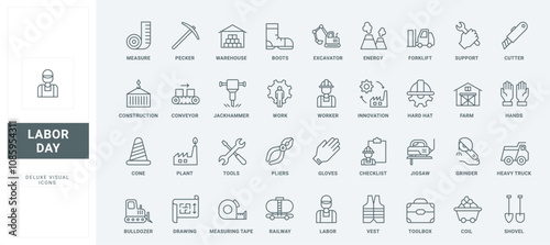 Tools of builders toolbox, workwear thin black outline symbols vector illustration. Occupational safety of repair workers and engineers in industry, equipment and machines line icons set.