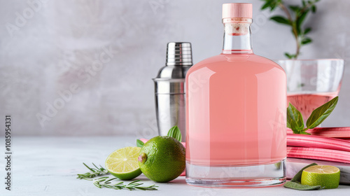 National Rhubard Vodka Day. A close-up of a rhubarb vodka bottle styled with fresh lime, herbs, and a cocktail shaker, creating a sophisticated and modern aesthetic for drink enthusiasts.
 photo