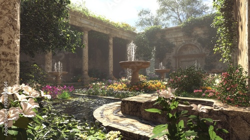 Tranquil Oasis: 3D Render of Ancient Roman Gardens with Flowers, Fountains, and Stone Walls in Dramatic Light photo