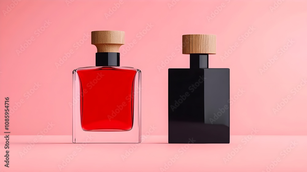 Elegant Display of Two Perfume Bottles on a Soft Pink Background Featuring Red and Black Designs with Wooden Caps for Creative Usage in Advertising or Branding