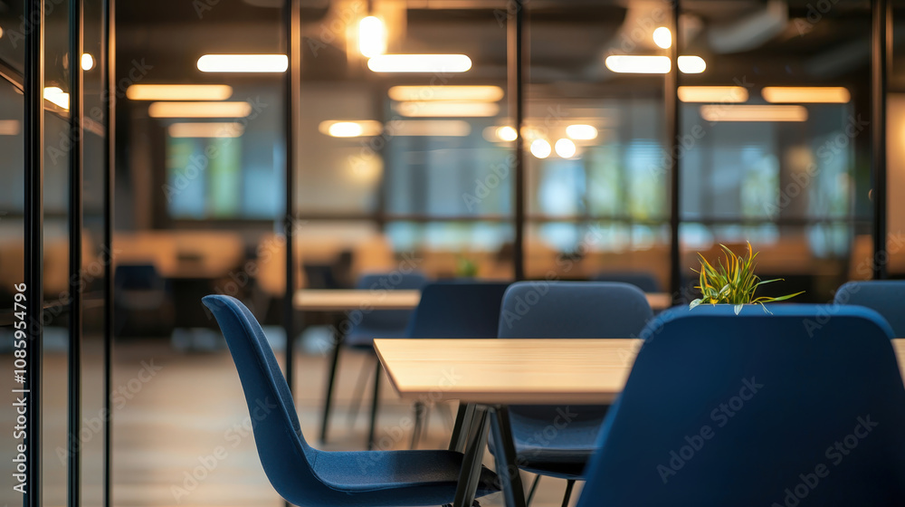 Modern workspace with minimalist blue chairs and warm lighting Modern workspace with minimalist blue chairs and warm lighting