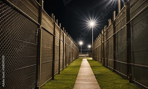 View of a prison at night.