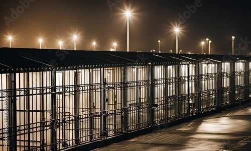 View of a prison at night.