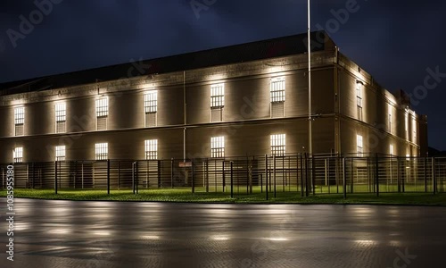 View of a prison at night.