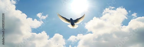 Majestic Dove in Flight Under Bright Blue Sky With Sunlight Shining Through Fluffy Clouds Creating a Hopeful and Serene Atmosphere for Inspirational Themes