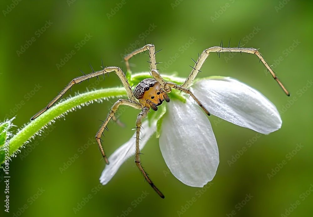 Fototapeta premium Close-Up of a Spider on a Delicate White Flower Petal Capturing Nature's Intricate Details and Unique Beauty in the Garden Environment