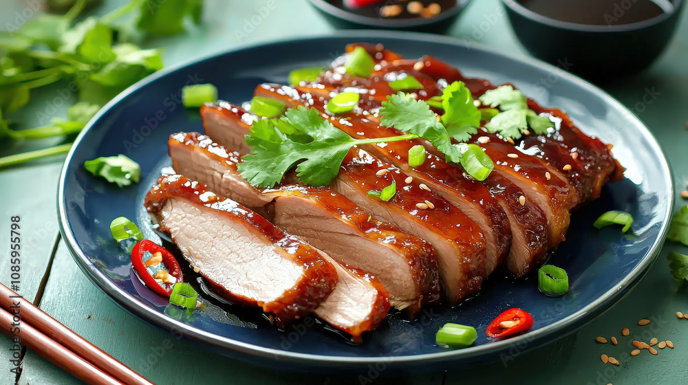 Glazed duck breast with sesame seeds and chili garnish Glazed duck breast with sesame seeds and chili garnish
