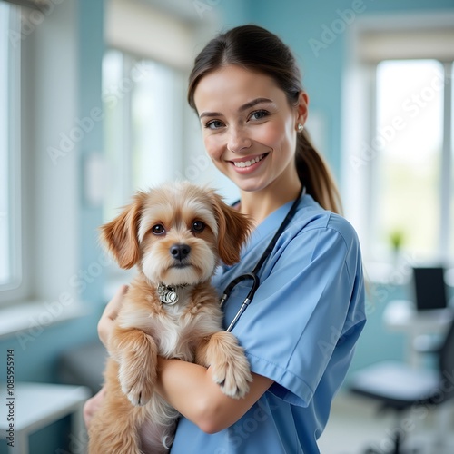 Female veterinarian smiling while holding a puppy indoors.