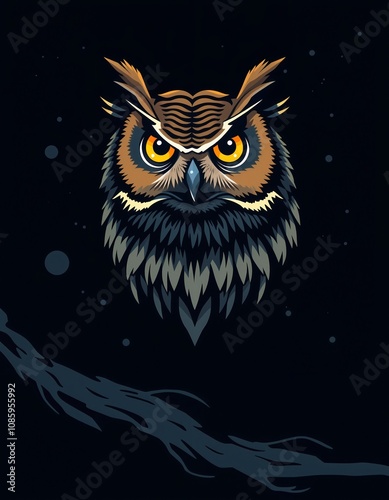 Illustrated Owl with Intense Eyes at Night. photo