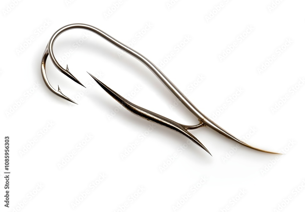 Large stainless steel fishing hook isolated on a white background, showcasing sharp points and curved design perfect for angling and water sports exploration Large stainless steel fishing hook isolated on a white background, showcasing sharp points and curved design perfect for angling and water sports exploration
