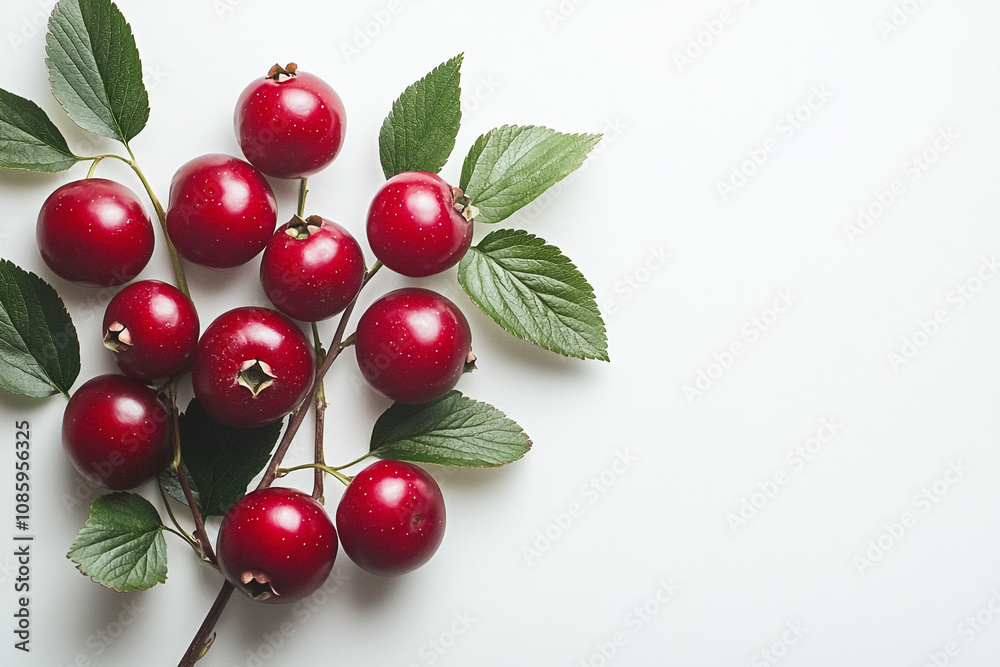Red berries and green leaves on a branch Red berries and green leaves on a branch
