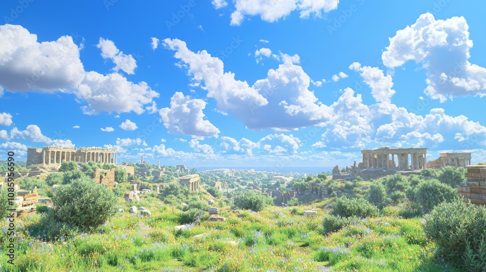 Fototapeta premium Serene Roman Countryside: Ancient Ruins in Panoramic View under Bright Blue Sky with Fluffy Clouds, 3D Render Ultra-Detailed with Dramatic Light