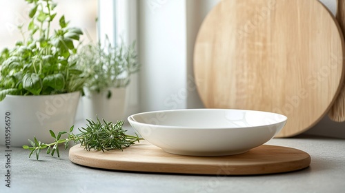 Fresh Herb and Vegetable Cutting Board in Bright, Airy Kitchen Setting, Highlighting Simple and Healthy Homemade Meals with Negative Space