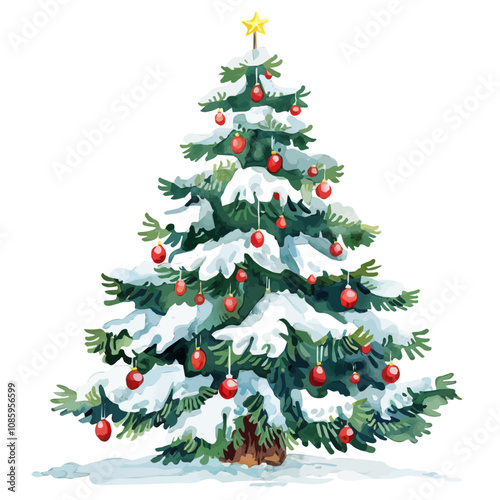 A watercolor illustration of a snowy Christmas tree, adorned with festive decorations and snow-covered branches, isolated on a white background. Snowy Christmas tree vector.