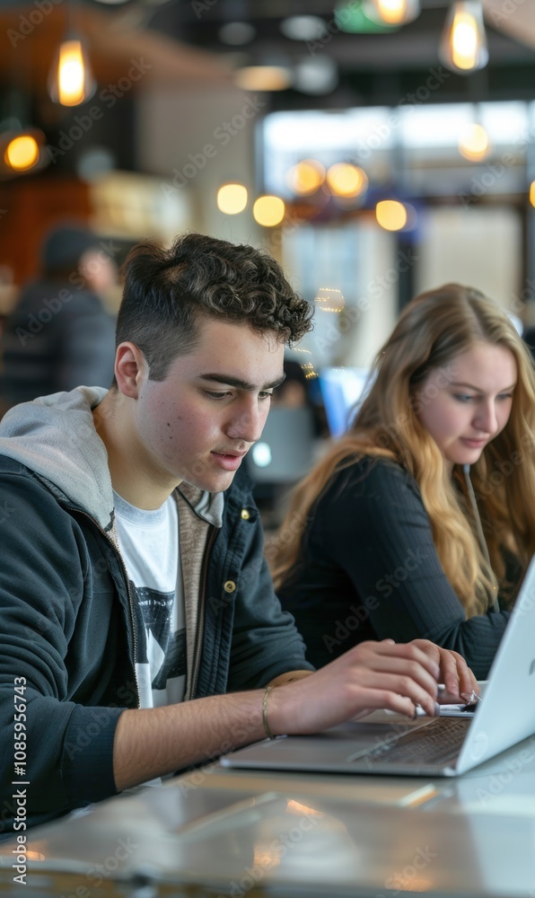 A concentrated man using his laptop in a creative and collaborative office space with a group of colleagues working together in the background. A concentrated man using his laptop in a creative and collaborative office space with a group of colleagues working together in the background.