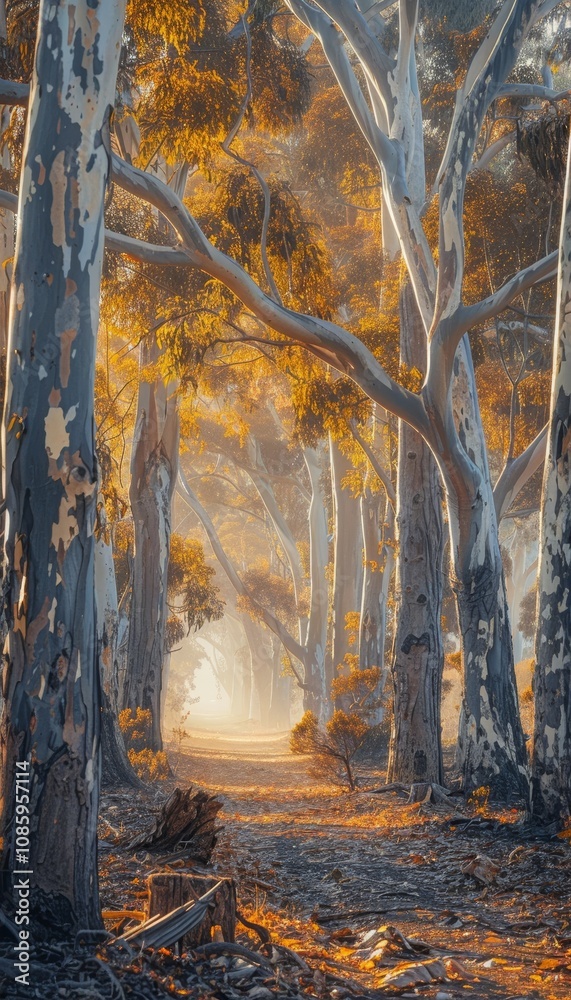 Enchanting autumn forest with jacaranda trees vibrant golden leaves and soft mist at golden hour Enchanting autumn forest with jacaranda trees vibrant golden leaves and soft mist at golden hour