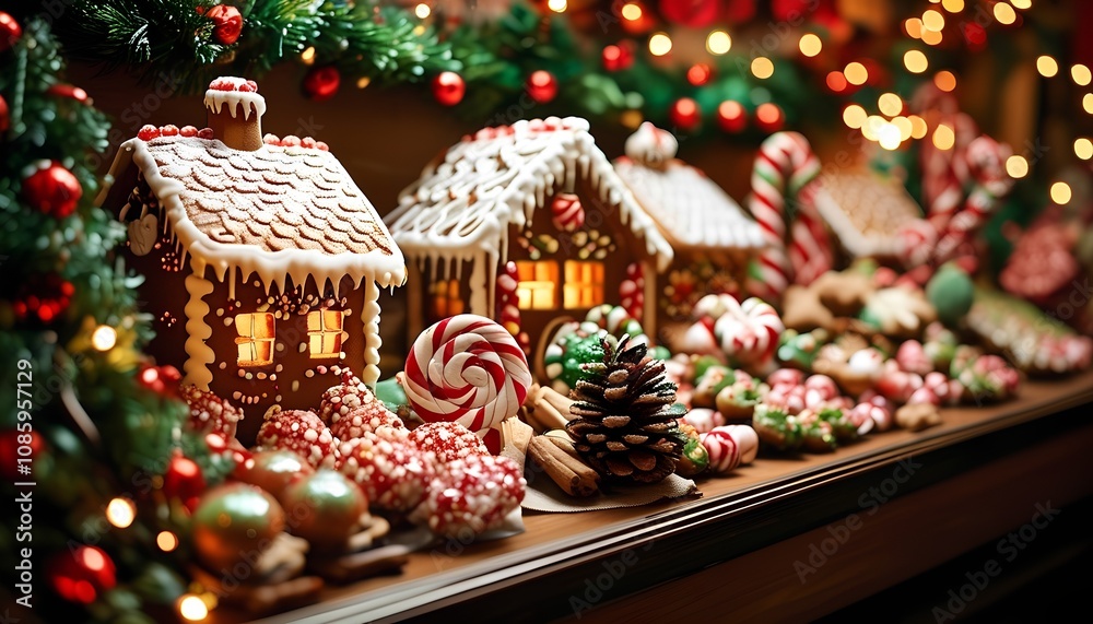 Festive gingerbread houses with Christmas decorations, cozy holiday setup Festive gingerbread houses with Christmas decorations, cozy holiday setup