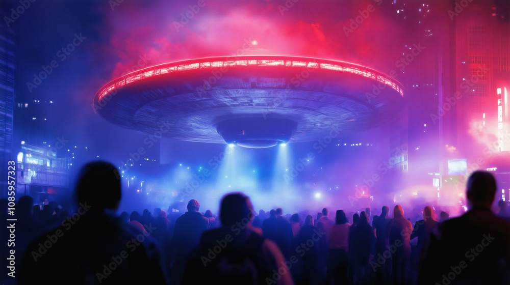 Mysterious UFO hovering above a city crowd with colorful lights and fog during nighttime events Mysterious UFO hovering above a city crowd with colorful lights and fog during nighttime events