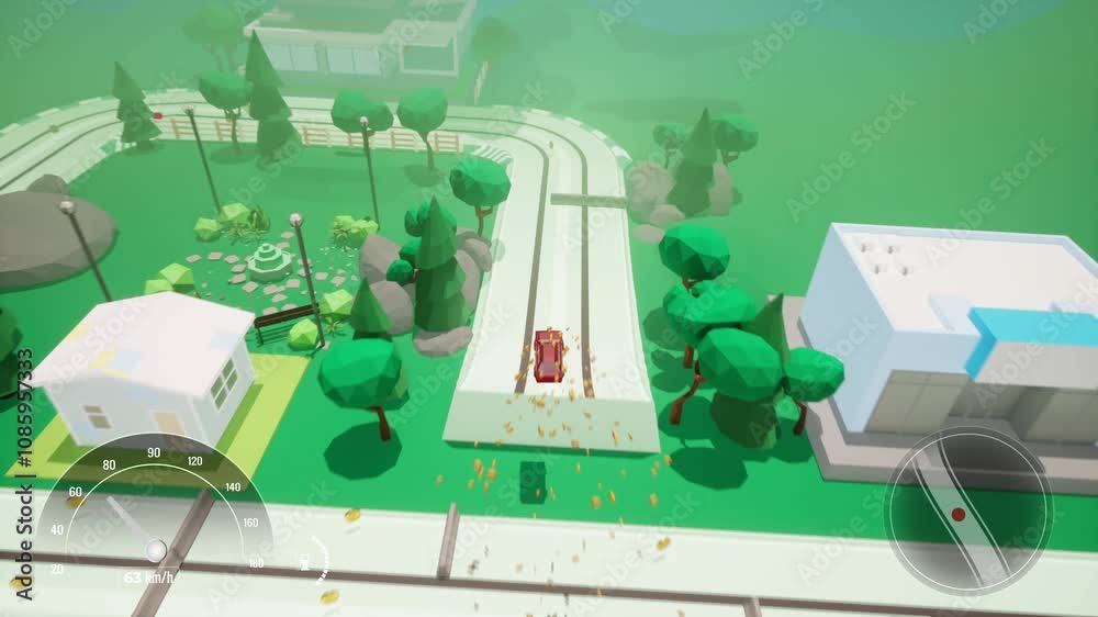Controlling a red car in the fake video game challenge. Fast car completing the mission of a fake game. Quick car picking up the coins on the map of fake arcade race game level. Nostalgic.