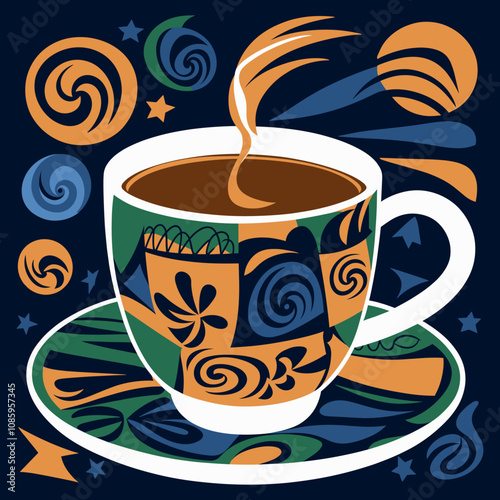 Vibrant Artistic Coffee Cup Design with Swirling Patterns - T-Shirt Print Design