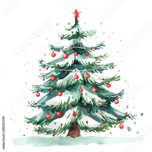 A watercolor drawing of a snowy Christmas tree, adorned with festive decorations and snow-covered branches, isolated on a white background. Snowy Christmas tree vector.