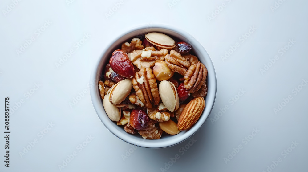 A small bowl of mixed nuts and seeds on a plain white surface emphasizing healthy unprocessed snacks. A small bowl of mixed nuts and seeds on a plain white surface emphasizing healthy unprocessed snacks.