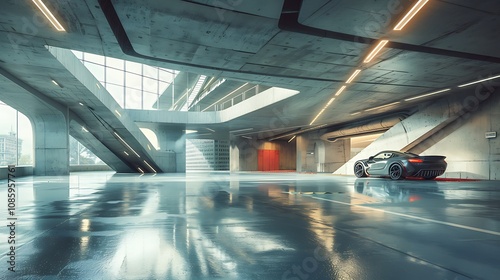 Concrete parking garage in a stylish futuristic structure