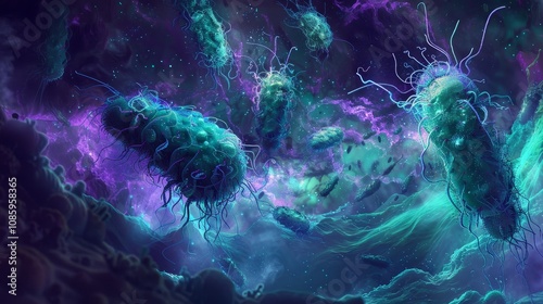 Vibrant artistic representation of pseudomonas aeruginosa bacteria in a microscopic environment photo
