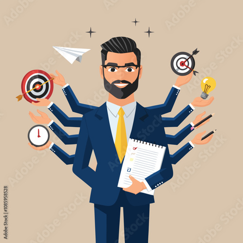 multitasking businessman vector illustration for productivity and time management.