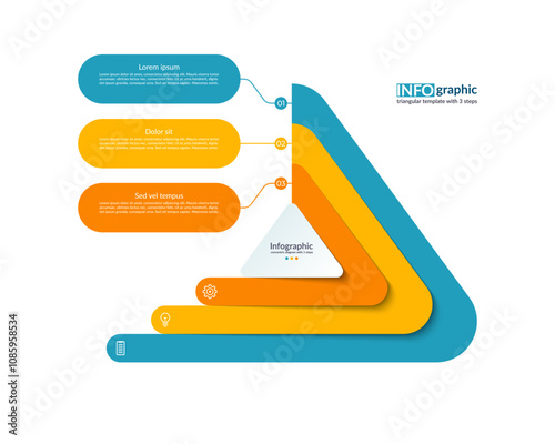 Infographic triangular template with 3 steps. Process chart, cycle diagram, vector banner for presentation, report, brochure, web, data visualization.