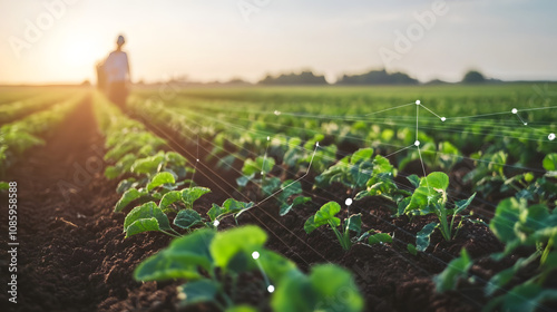 A smart agriculture field with sensors monitoring soil health moisture and crop growth visible on a digital dashboard.
