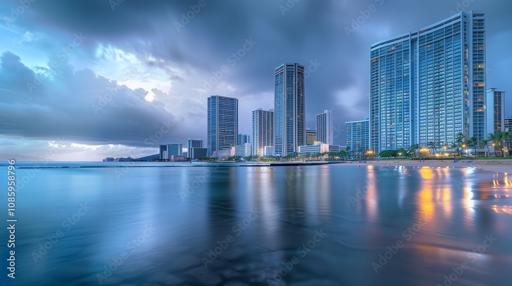 Fototapeta premium **: A breathtaking view of the Honolulu skyline with tall, modern skyscrapers set against the backdrop of a shimmering ocean front, reflecting the city lights.