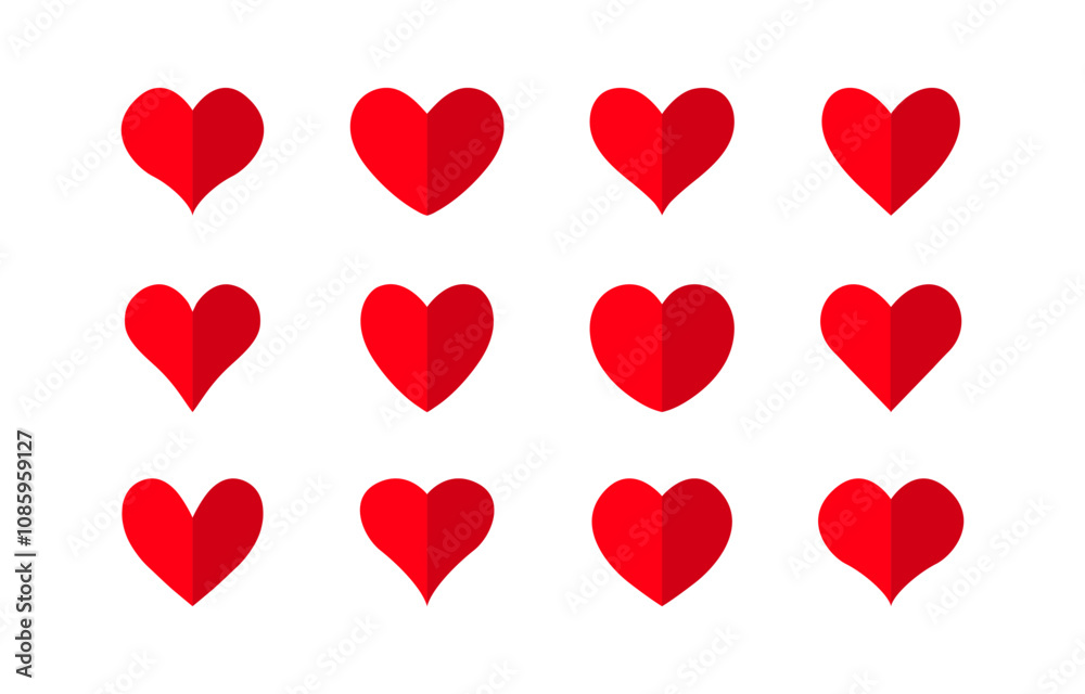 Red paper style heart icon collection. Set of decorative heart vector illustration Red paper style heart icon collection. Set of decorative heart vector illustration